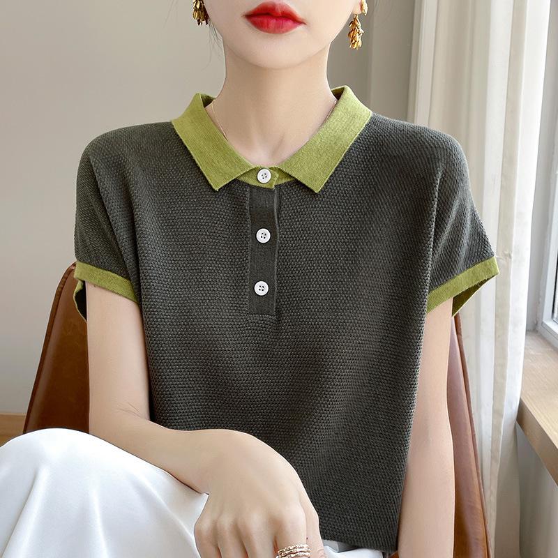 Женская футболка Tencel Colorblock Polo Collar с коротким рукавом и контрастным принтом – стильный, свободный, летний топ, который омолаживает