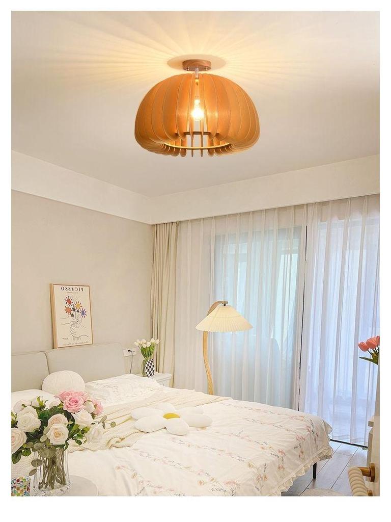 Stairwell Retro Japanese Solid Wood Pumpkin Pendant Light for Bedroom or Study