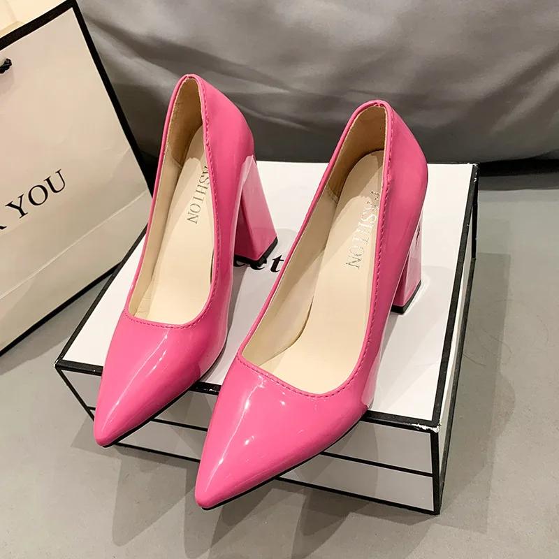 Fashion 2025 Shoes Thick Heel Woman Pumps Candy Color Women  Office Pointed Toe High Heels Wedding Female Heel Shoes