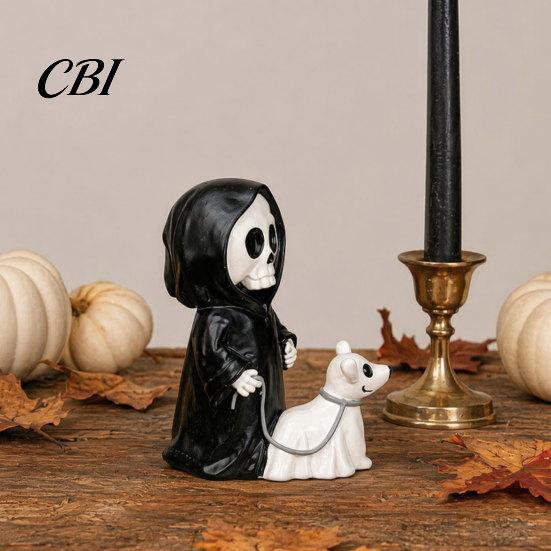Cute Spooky Halloween Gift Grim Reaper & Ghostly Puppy Resin Figurine, Black Robed Skeleton with Ornament Ghost Dog Statue, Dark Gothic Decor for Desk