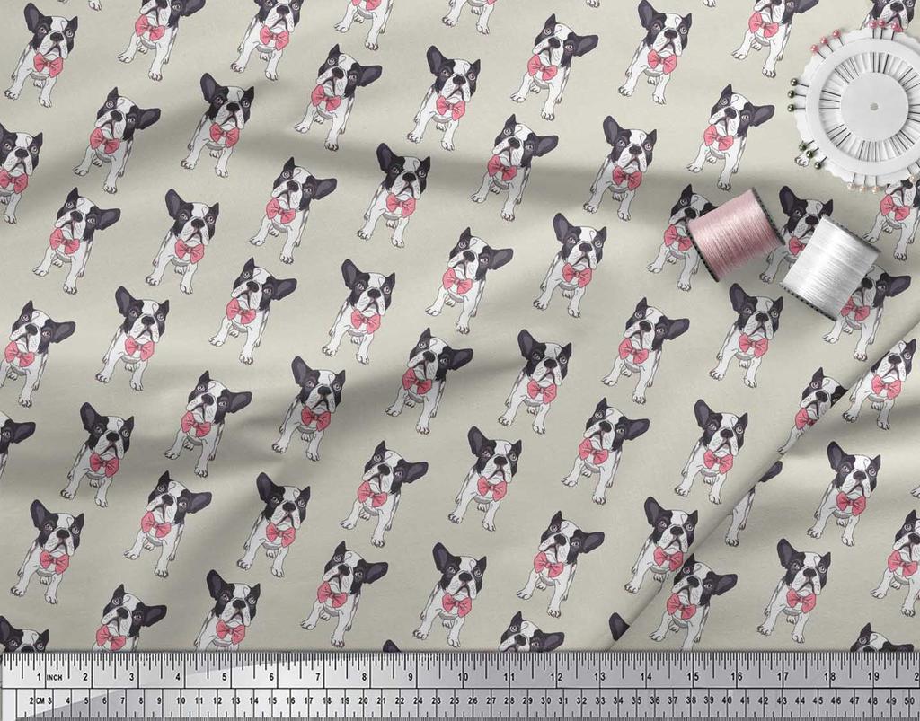 Soimoi Japan Crepe Satin Fabric Bow & Boston Terrier Dog Print Fabric by the Metre 42 Inch