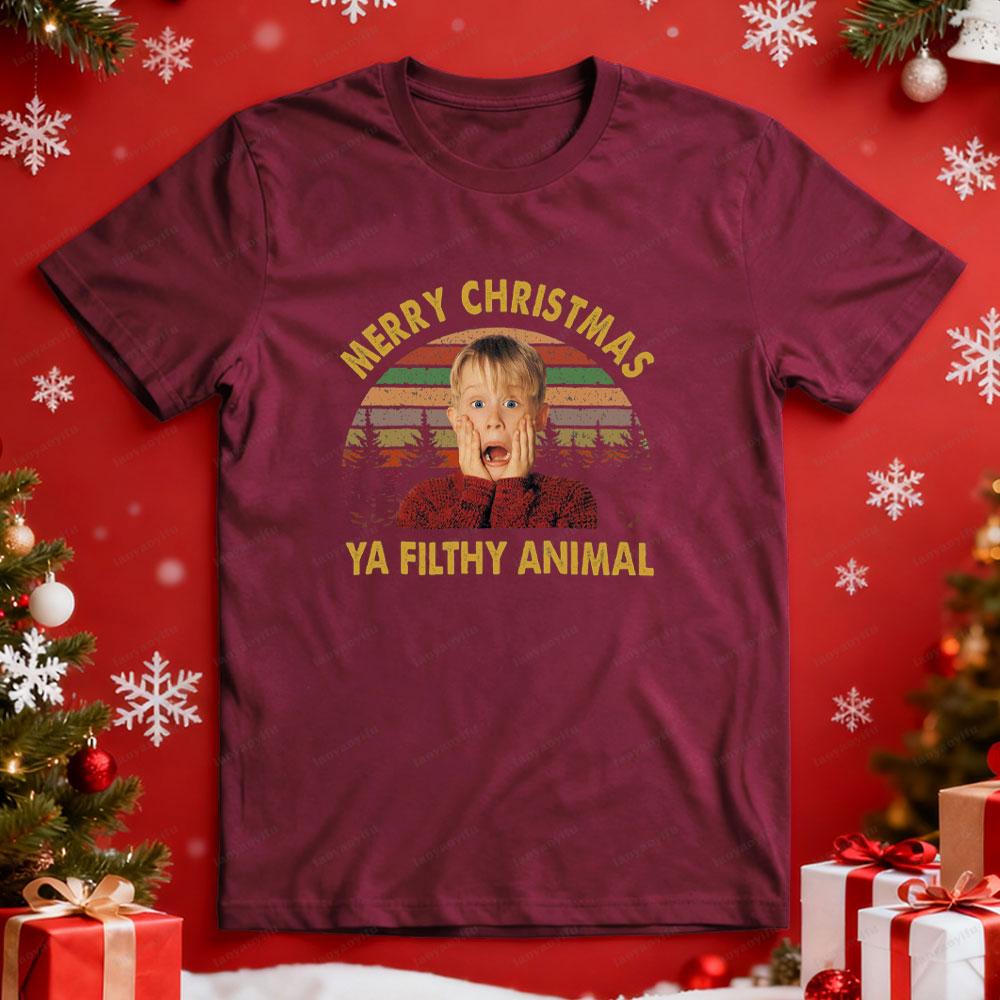Merry Christmas Ya Filthy Animal Men Graphic T Shirts Funny Home Alone Tee Retro 90s Christmas Movie Top Kevin McCallister Gift