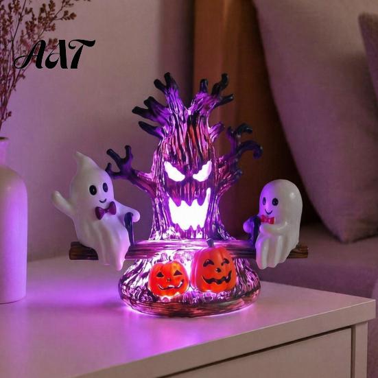 No Battery Required Halloween Light Animated Seesaw Ghost Light, USB Powered 3D Night Cute LED Lamp for Desk with Spooky Tree And Pumpkin Design,