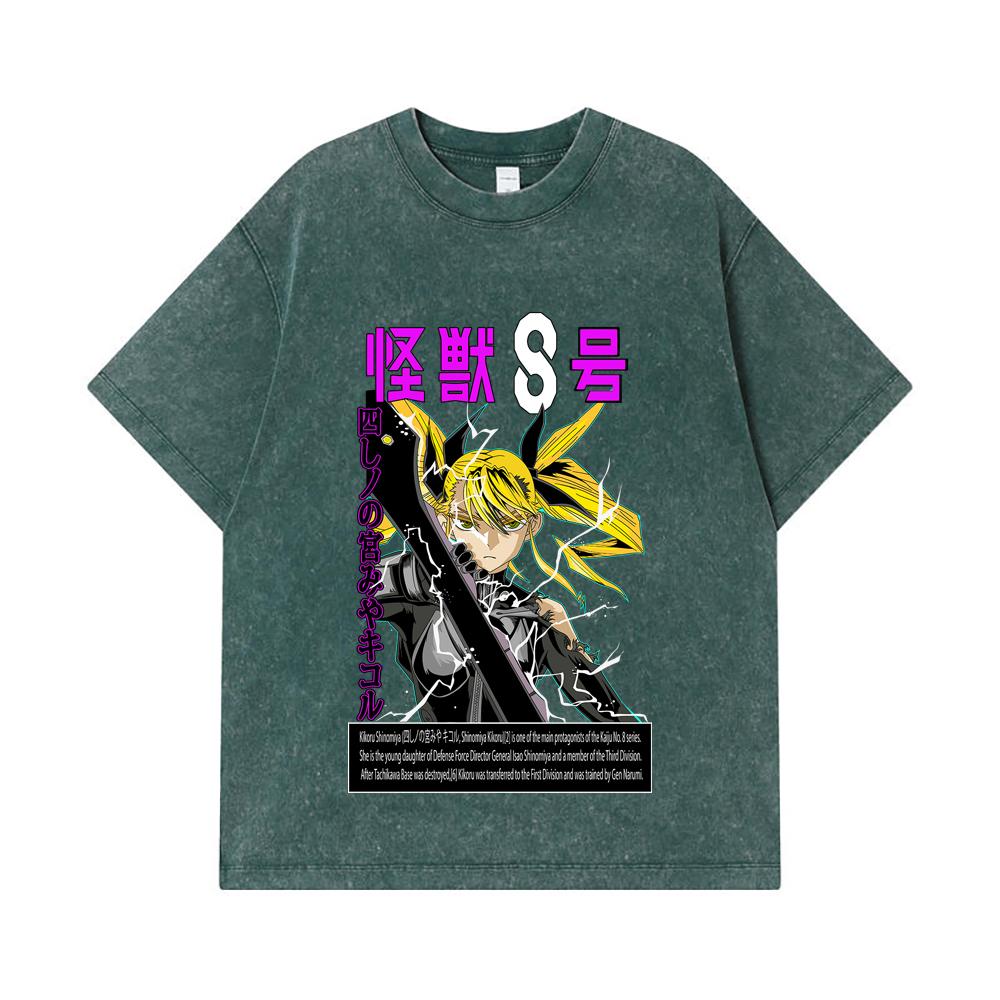 Стиранные футболки 275 г/м² 100% Хлопок Kaiju No 8 V14 Принт Kikoru Унисекс Плотная Хлопковая Футболка