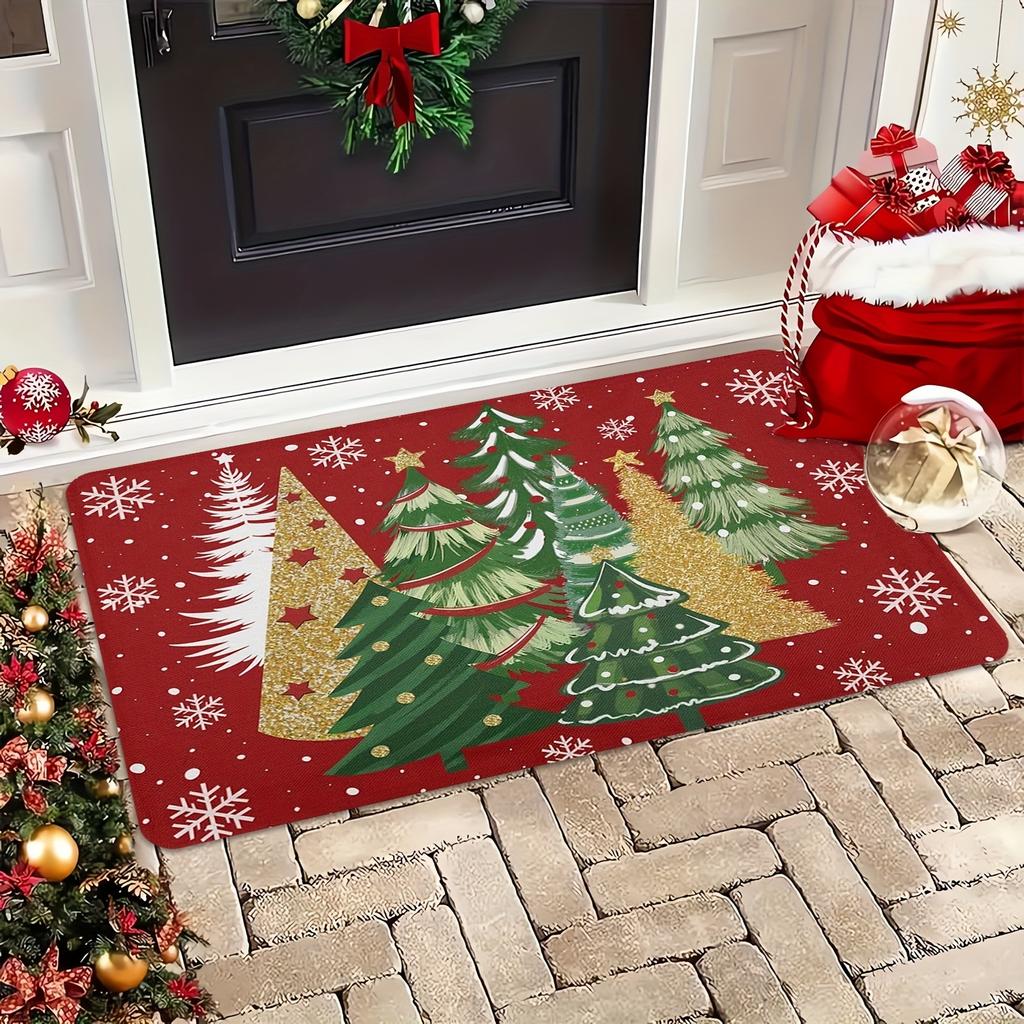 Christmas Red Green Pine Tree Snowflake Floor Doormat Luxury Holiday Entrance Welcome Carpet