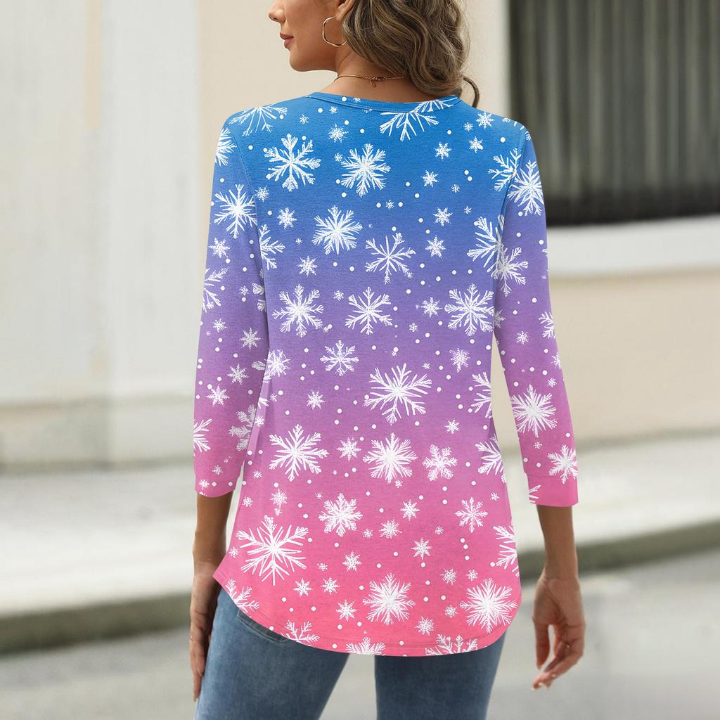 Женская футболка с рождественским принтом, на пуговицах, рукав 3/4, повседневная, выходного дня, модная, базовая, с V-образным вырезом, стандартный топ