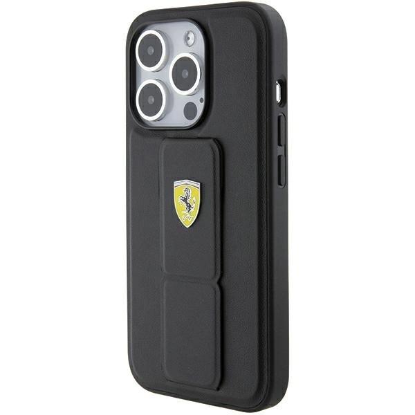 Ferrari Grip Stand Metal Logo Case For Iphone 15 Pro - Black