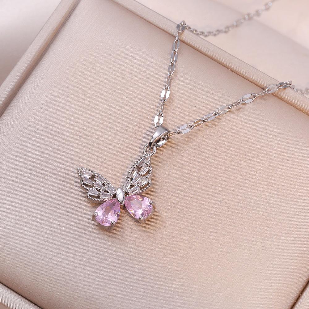 Full Zirconium Butterfly Pendant Stainless Steel Necklace Women's Simple and Versatile Necklace