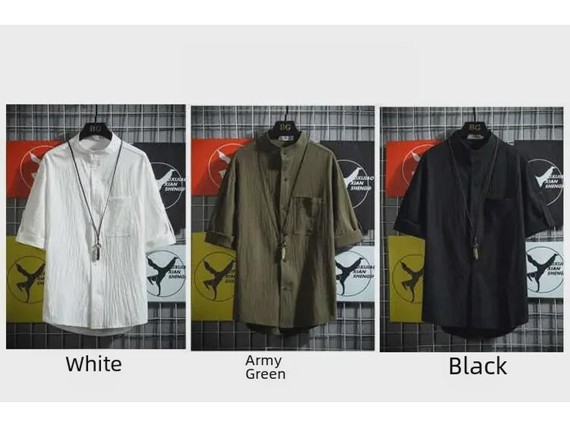 Мужская рубашка больших размеров в японском стиле с воротником-стойкой и короткими рукавами, однотонная