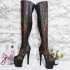 20СМ Шпилька Лазерный Леопардовый Принт Ботфорты на Платформе Выше Колена - Сексуальный Фетиш Клуб Модель с Подиума Высокие Каблуки