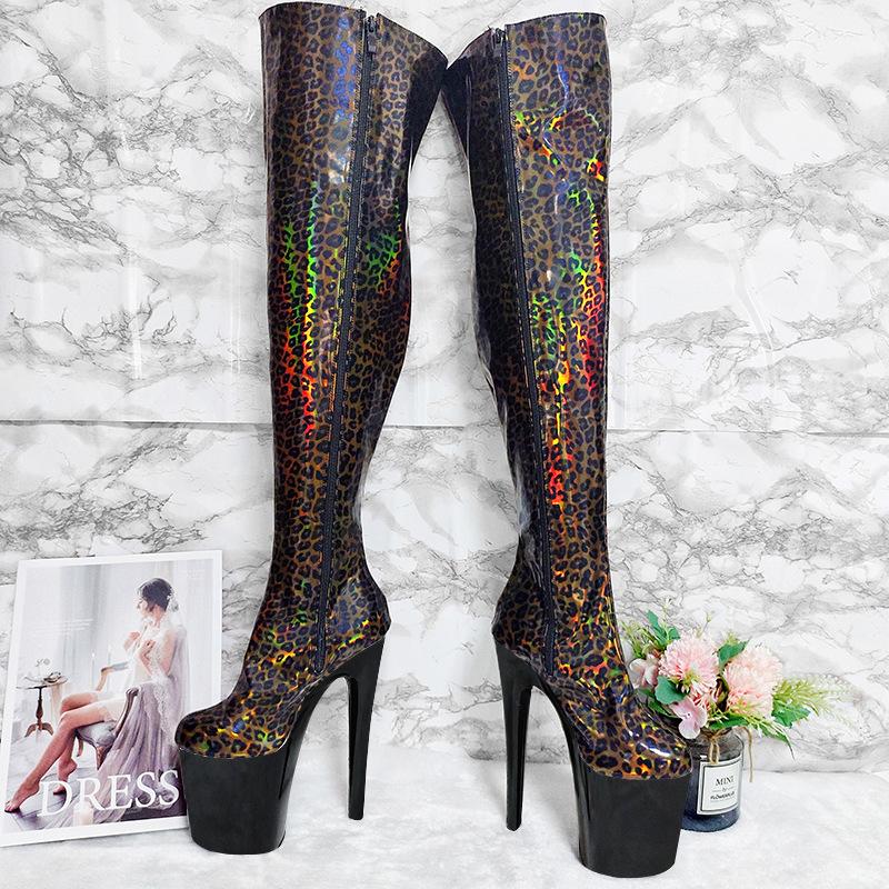 20СМ Шпилька Лазерный Леопардовый Принт Ботфорты на Платформе Выше Колена - Сексуальный Фетиш Клуб Модель с Подиума Высокие Каблуки