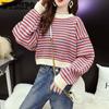 Вязаные топы в полоску, короткие пуловеры, женские свободные свитера с круглым вырезом и длинными рукавами, женские весенне-осенние повседневные свитера большого размера