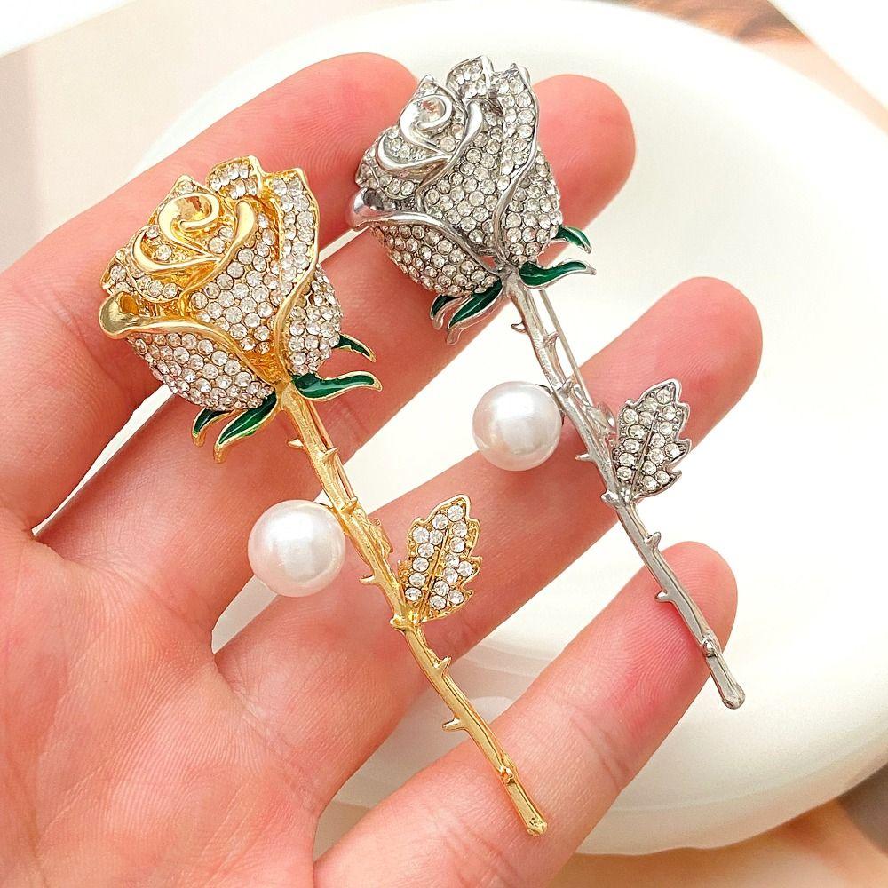 Fashion Alloy Rose Brooches Anti Fading Sparkling Flower Brooches Full Diamond Rhinestone Brooches Jewelry Gifts