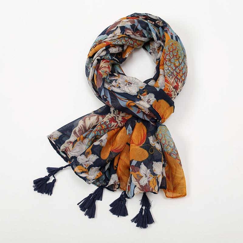 Designer Brand Women Scarf Classical Print Lady Shawls Cotton Feeling Soft Oversize Hijabs Neck Headband Tassel Foulard