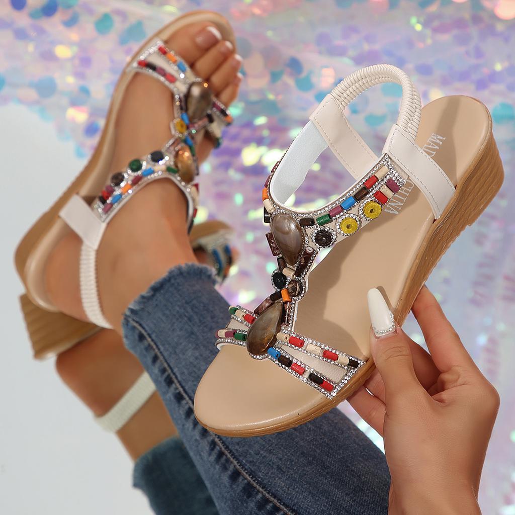 Модная обувь для женщин Летние женские босоножки на танкетке Богемные со стразами Повседневные сандалии на платформе Женские с открытым носком Уличная пляжная обувь 34-43
