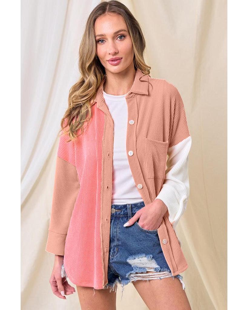 Azura Exchange Pink Ribbed Colorblock Drop Shoulder Shirt with Pocket
