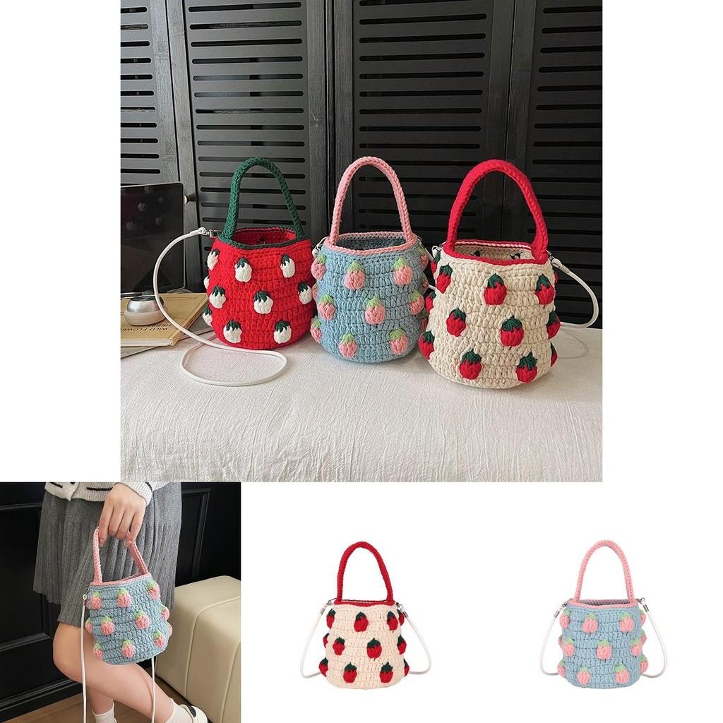 Cute Color Blocking Strawberry Pattern Women Knit Handbag For Teens