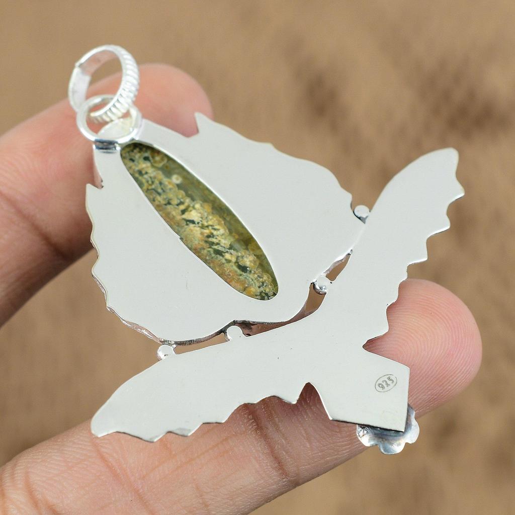 Натуральный камень Яшма Тропического Леса Подвеска Сова Ювелирное изделие из серебра 925 пробы