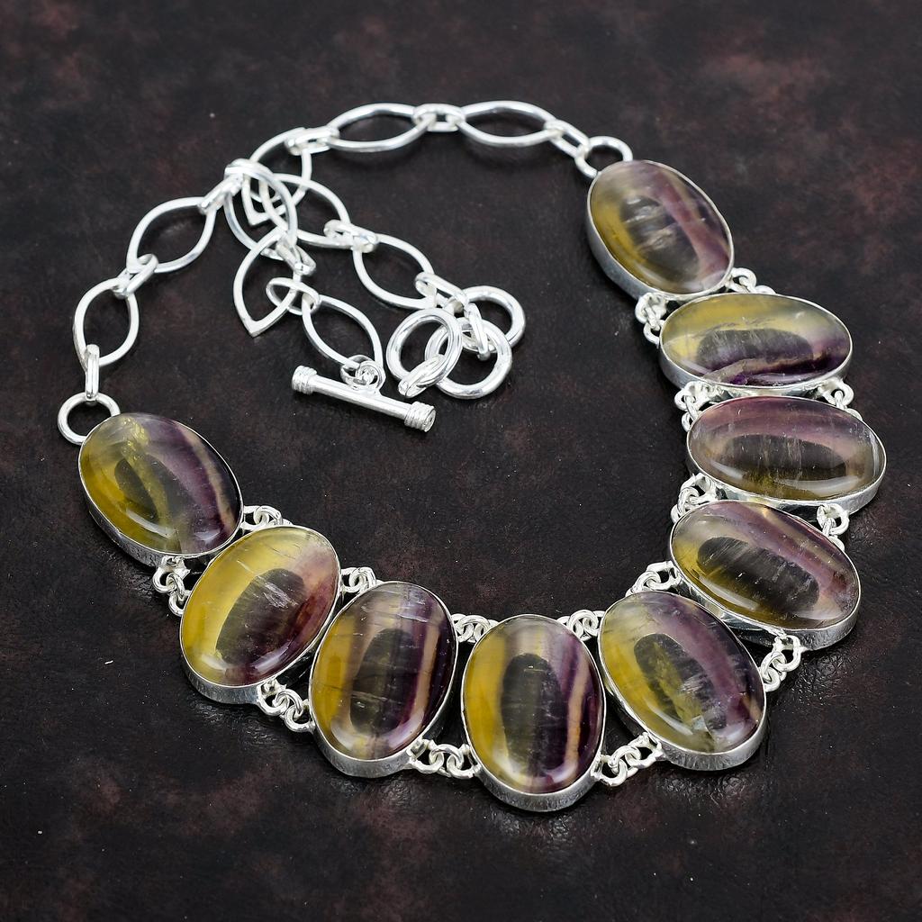 Ожерелье из многоцветного флюорита, ожерелье из драгоценных камней, старинные ювелирные изделия, ожерелье из стерлингового серебра 925 пробы, регулируемая цепочка, ожерелье ручной работы, ювелирные изделия для подарков