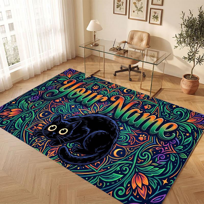Cat Theme Crystal Velvet Floor Rug Personalized Custom Name Text Warm Carpet Home Decoration