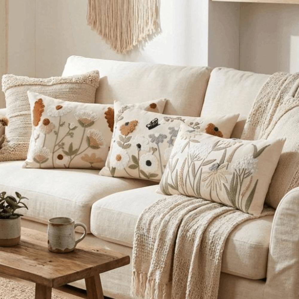 Pastoral Floral Embroidered Cushion Cover Canvas Decorative Pillow Case Living Room