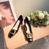 6888-3 French Square Head High Heels Women's Fashion Commuting Temperament Light Mouth Thick Heel Single Shoes Metal Square Buckle High Heels