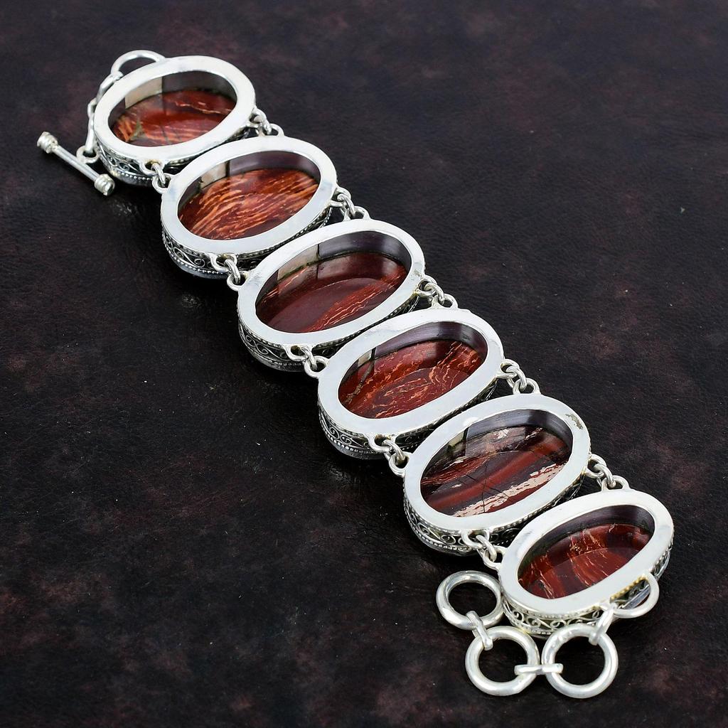 Red Snakeskin Jasper Bracelet Handmade Gemstone Jewelry 925 Sterling Silver Bracelet Adjustable Chain Bracelet Vintage Bracelet Gift For Mom
