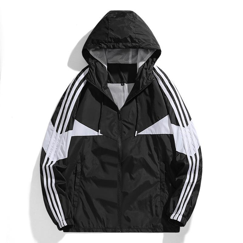 Men's Casual Sports Windbreaker for Spring and Autumn, Thin Design with Three Stripes, Loose Fit, Plus Size Hooded Jacket, Cardigan Jacket