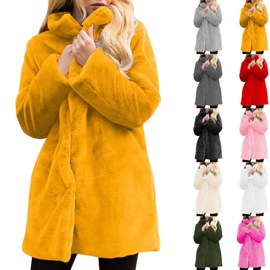 Women's Winter Faux Belt Pocket Plush Warm Jacket Notch Lapel Coat Outerwear Mid-Length