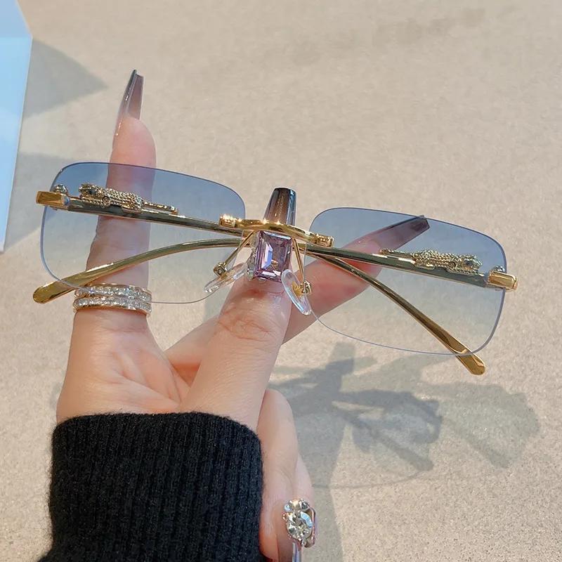Vintage Rimless Cut Edge Sunglasses Luxury Golden Leopard Frame Uv400 Fashion Designer Shades