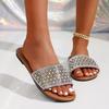 Женские летние тапочки на плоской подошве, однотонные повседневные пляжные шлепанцы со стразами и закругленными носами