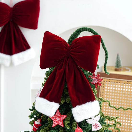 Красные рождественские бархатные банты Винтажные плюшевые набивные рождественские банты Подвесное украшение