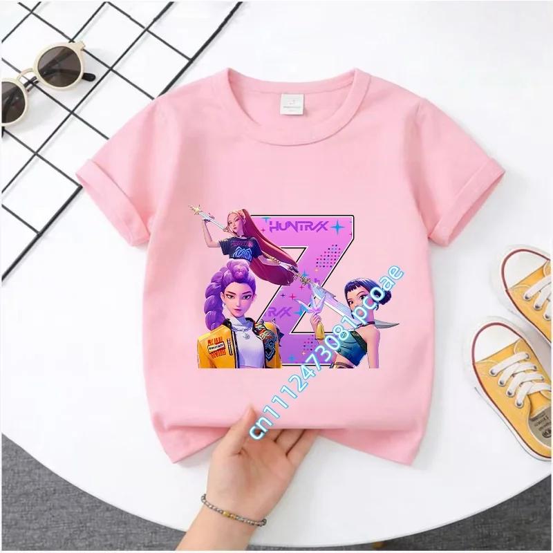 2026 New summer cotton T-shirt with letter A-Z cartoon print. K-Pop Demon Hunters. Children's short-sleeved girls' casual top.