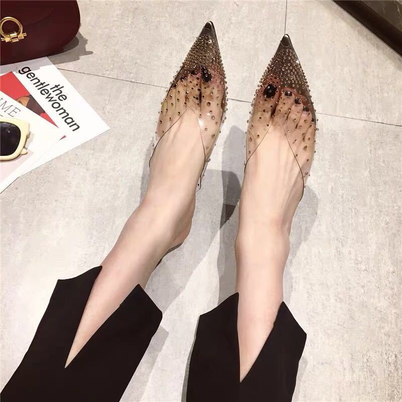 Прозрачные босоножки на каблуках, женские тапочки, мюли со стразами, женская обувь 2024 года, модная элегантная обувь на среднем каблуке, новинка лета 2024 года