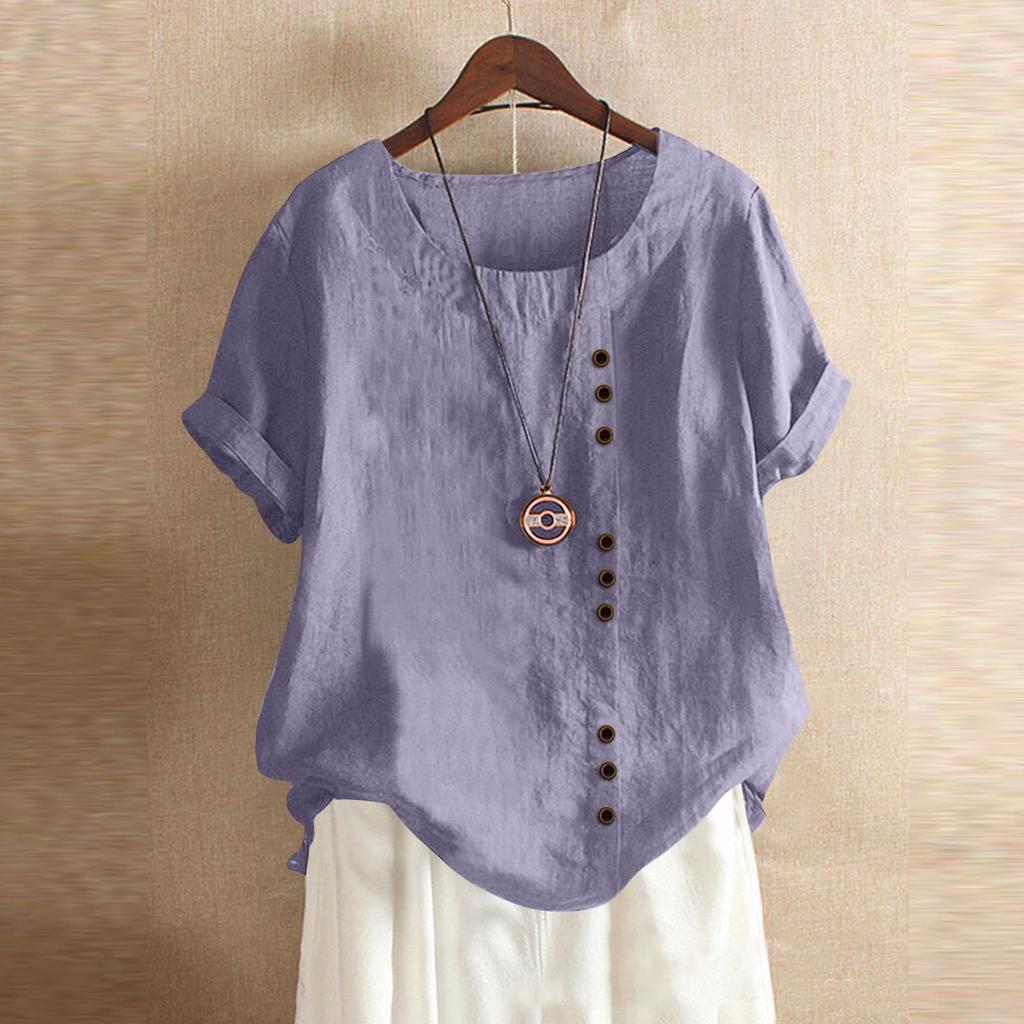 Women's Fashion Casual Solid Color Round Neck Short Sleeve Cotton Linen T-Shirt Top