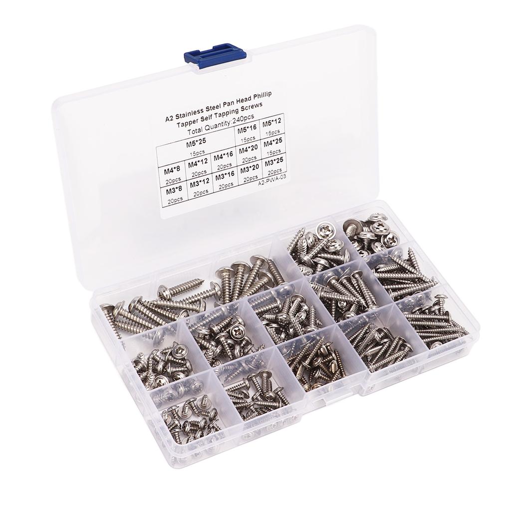 240Pcs Self Tapping Screws Cross Pan Head Stainless Steel M3 M4 M5 Combination for Wood Work