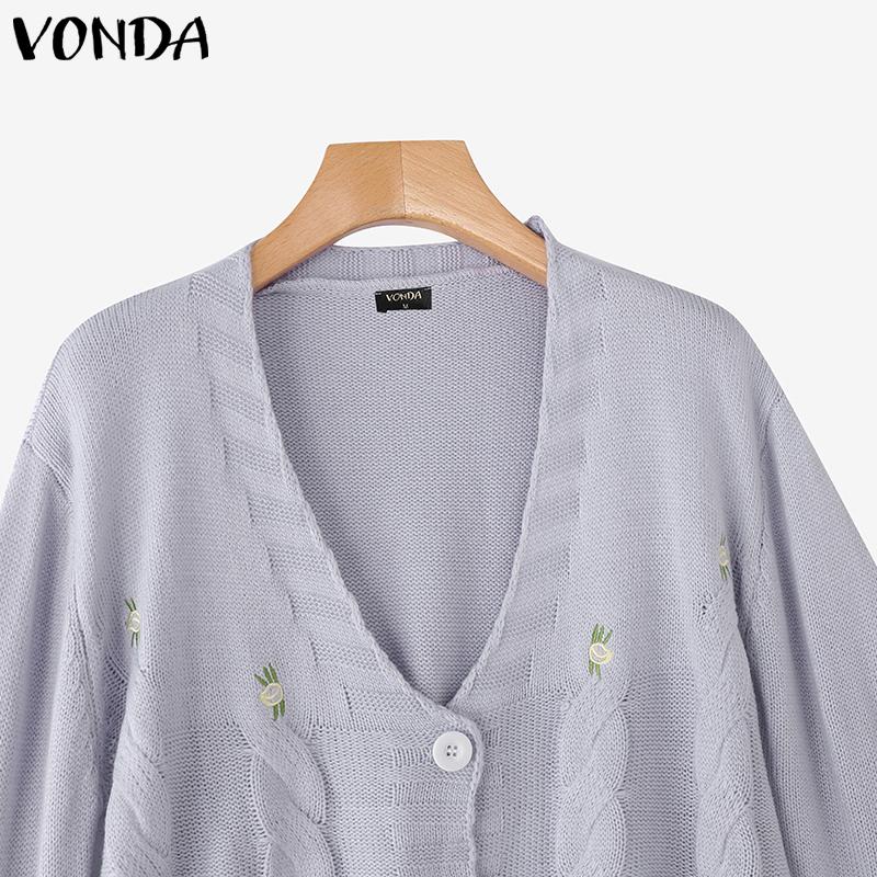 VONDA Autumn Winter Women Long Sleeve Embroidery Casual Short Knitted Sweaters Cardigans