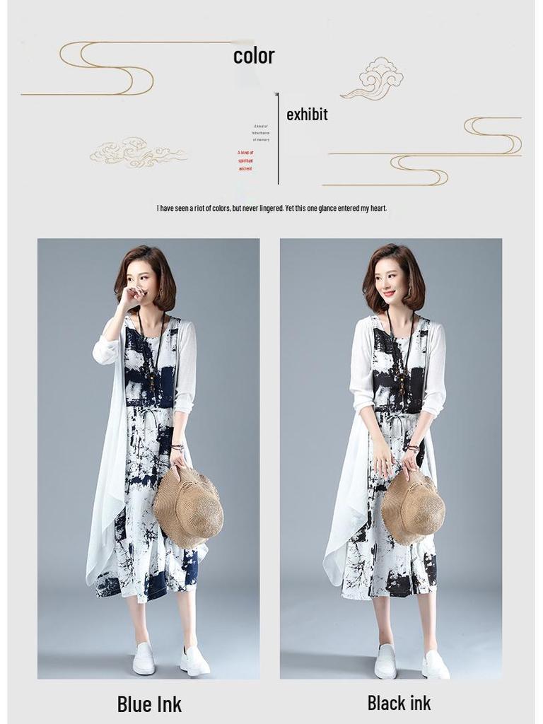 Женский летний костюм-двойка из хлопка и льна с шалью с принтом тушью, 2025