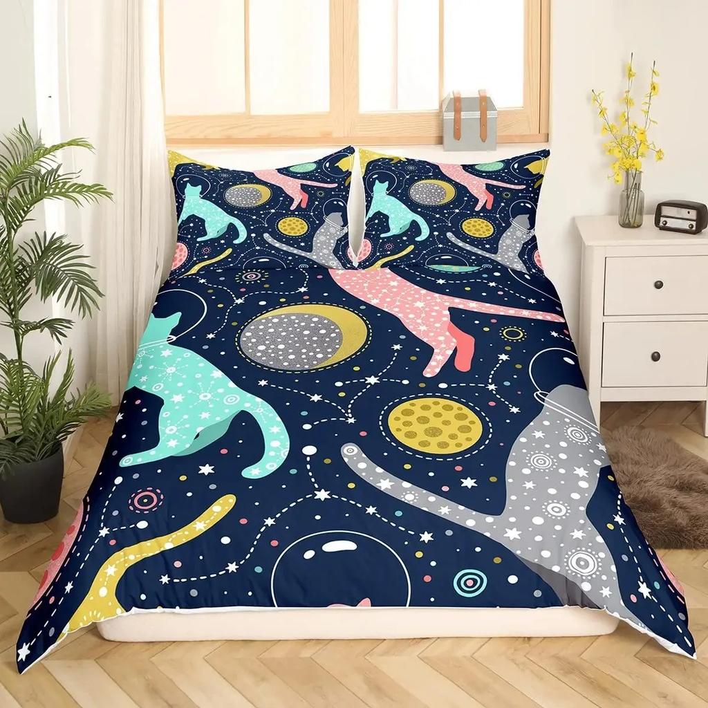 Rainbow Cat Butterfly Duvet Cover Set King,Watercolor Tie Dye Planet Galaxy Outer Space Bedding Set Shiny Golden Glitter Bed Set