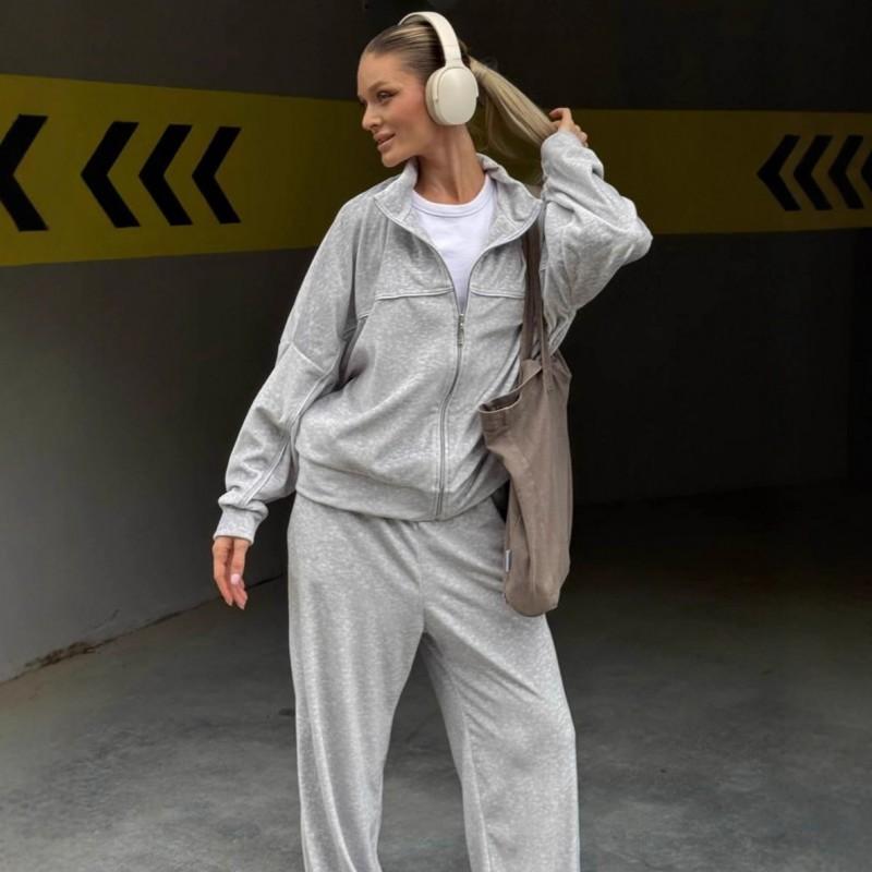 Womens Casual Velvet 2-Piece Set Long Sleeve Zip-Up Top Elastic Waist Wide Leg Pants
