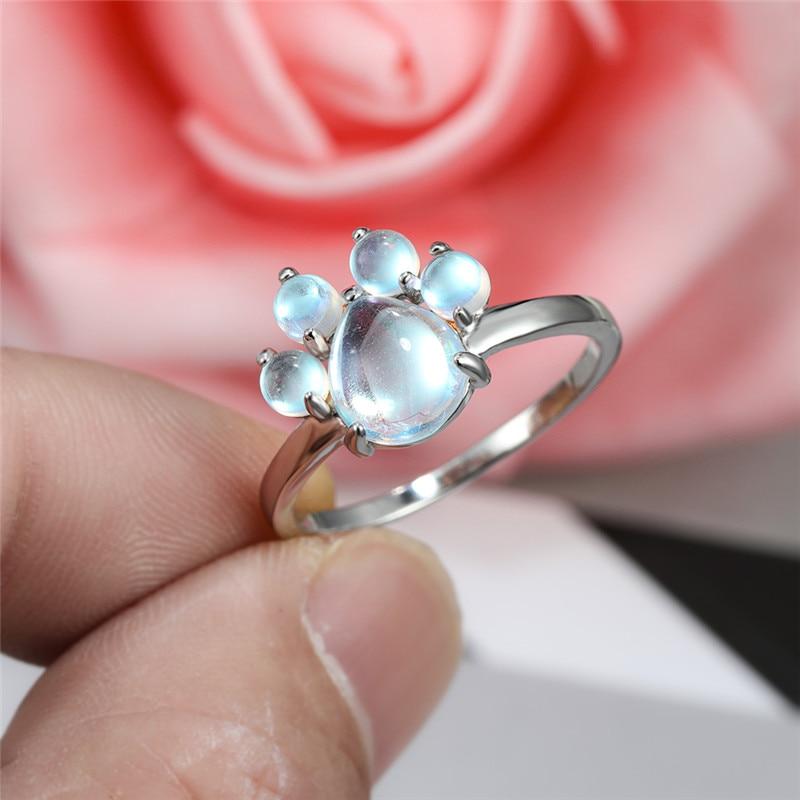 100% Real 925 Sterling Silver Moonstone Rings For Women Cute Cat Paw Animal Footprint Gemstone Ring Female Unique Dog Claw Rings