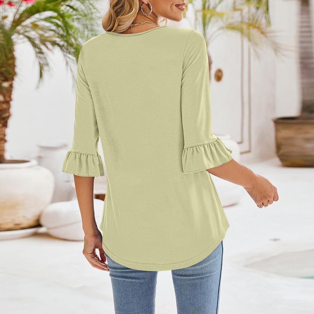 Женские повседневные топы с рукавами 3/4, летние футболки с квадратным вырезом, свободные туники с рюшами, блузки-туники