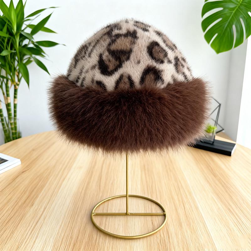 Leopard print hat warm plush autumn and winter Mongolian hat retro thickened cold-proof face small ear protection bucket hat