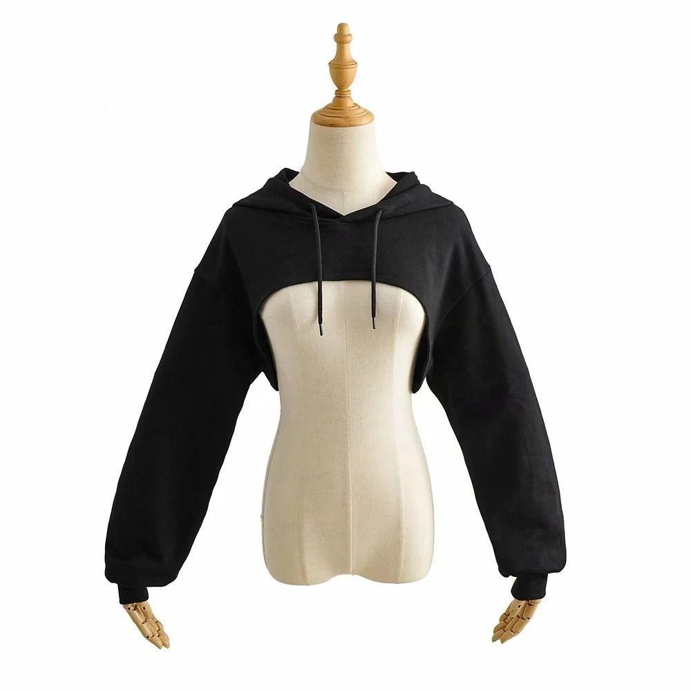 Ultra Short Long Sleeve Crop Top Patchwork Drawstring Shrug Pullover Fashion Female Hoodie Travel