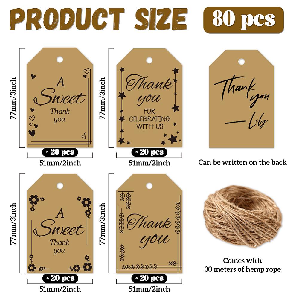 1set 80pcs 4 styles Printed Paper Thank You Gift Tags Rectangle Word 7.7x5.1cm Hole: 5mm 20pcs/style