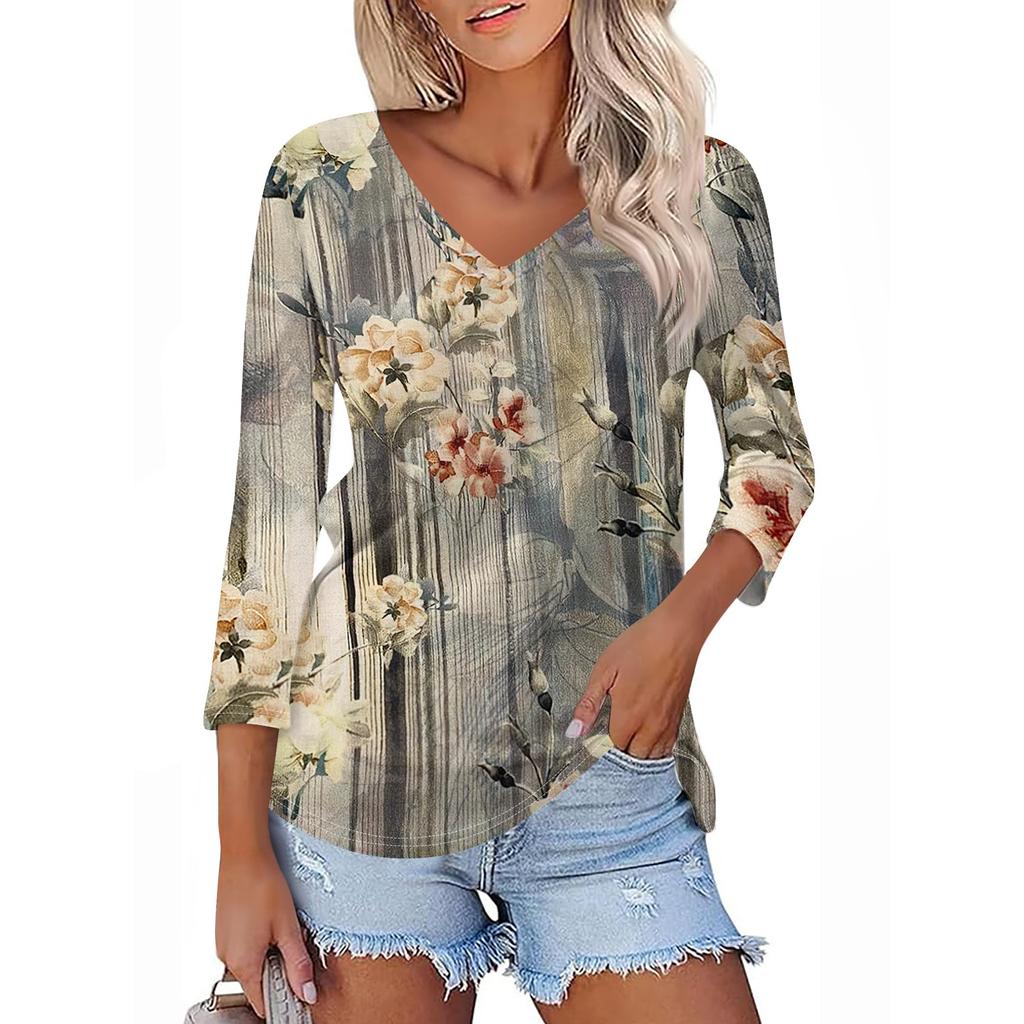 Женская футболка Футболка с принтом Рукав 3/4 Повседневные Выходные Мода Классический V-образный вырез Обычный Топ