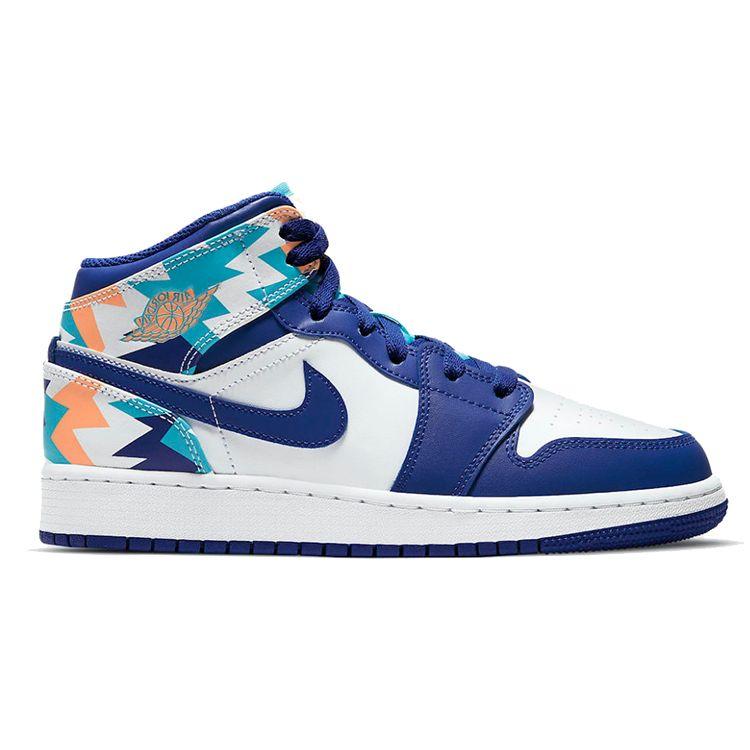 Air Jordan 1 Mid GS Geometric Pint Kids Sneakers Blue White Concord 555112-105