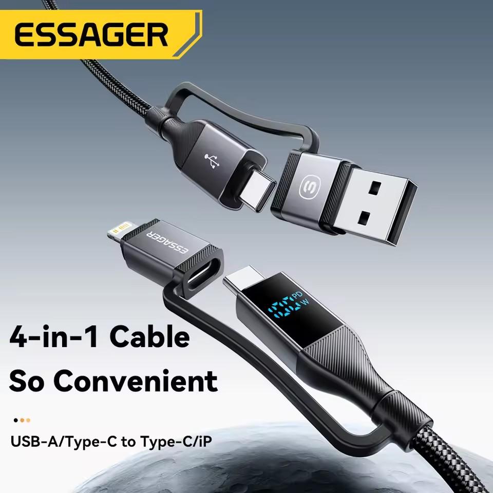 Essager Кабель USB 4 в 1 с цифровым дисплеем Type C 100 Вт PD Кабель для быстрой зарядки для iPhone Macbook iPad Xiaomi Кабель Type C Lightning