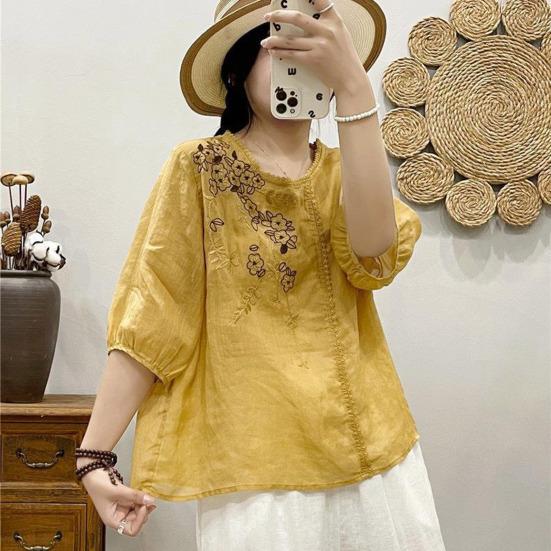 Женские топы с круглым вырезом и рукавами, вышитая футболка с цветочным узором, однотонная футболка, свободная рубашка, уличная одежда