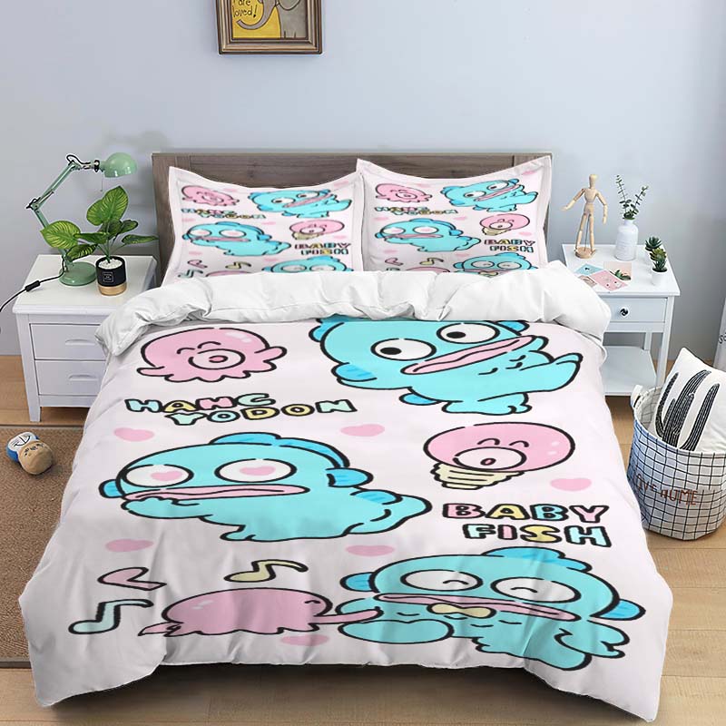 The virtual cartoon character HANGYODON themed three piece bedding set, including duvet covers and pillowcases, is the perfect